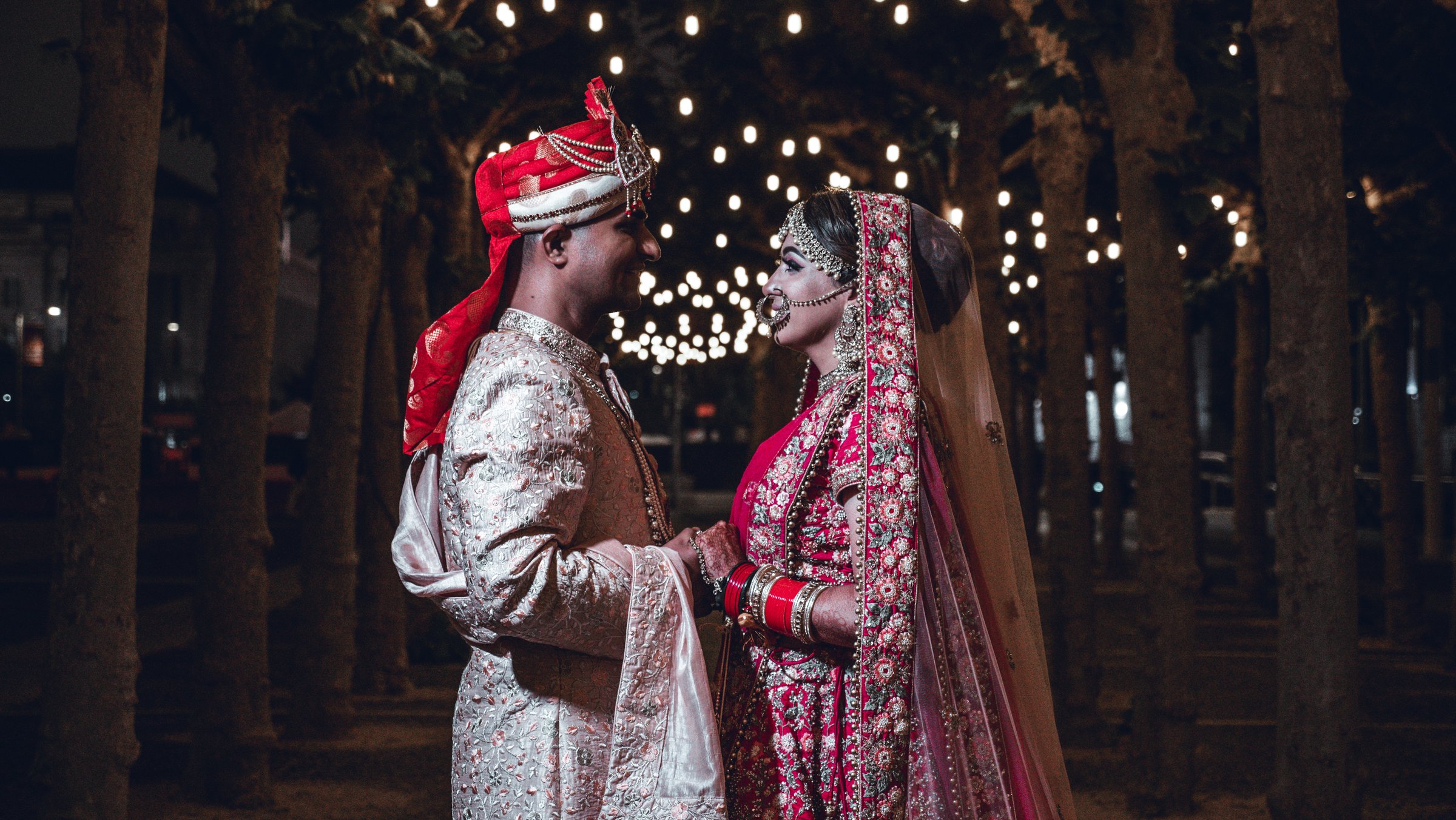 Rohini and anirudha night string lights hand in hand