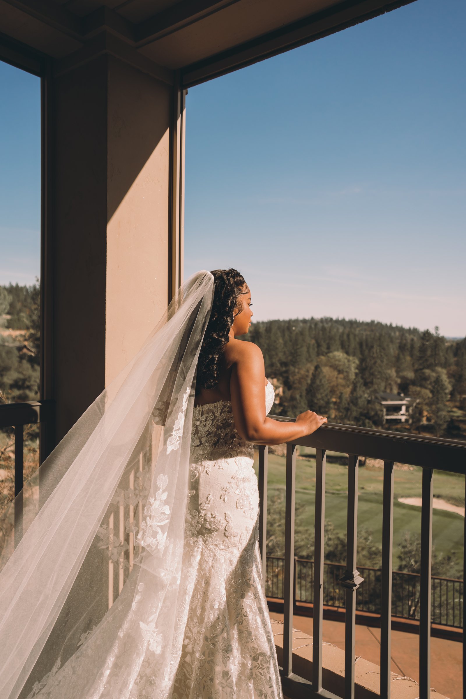 Ariel and devaughn's wedding bride at window veil trailing