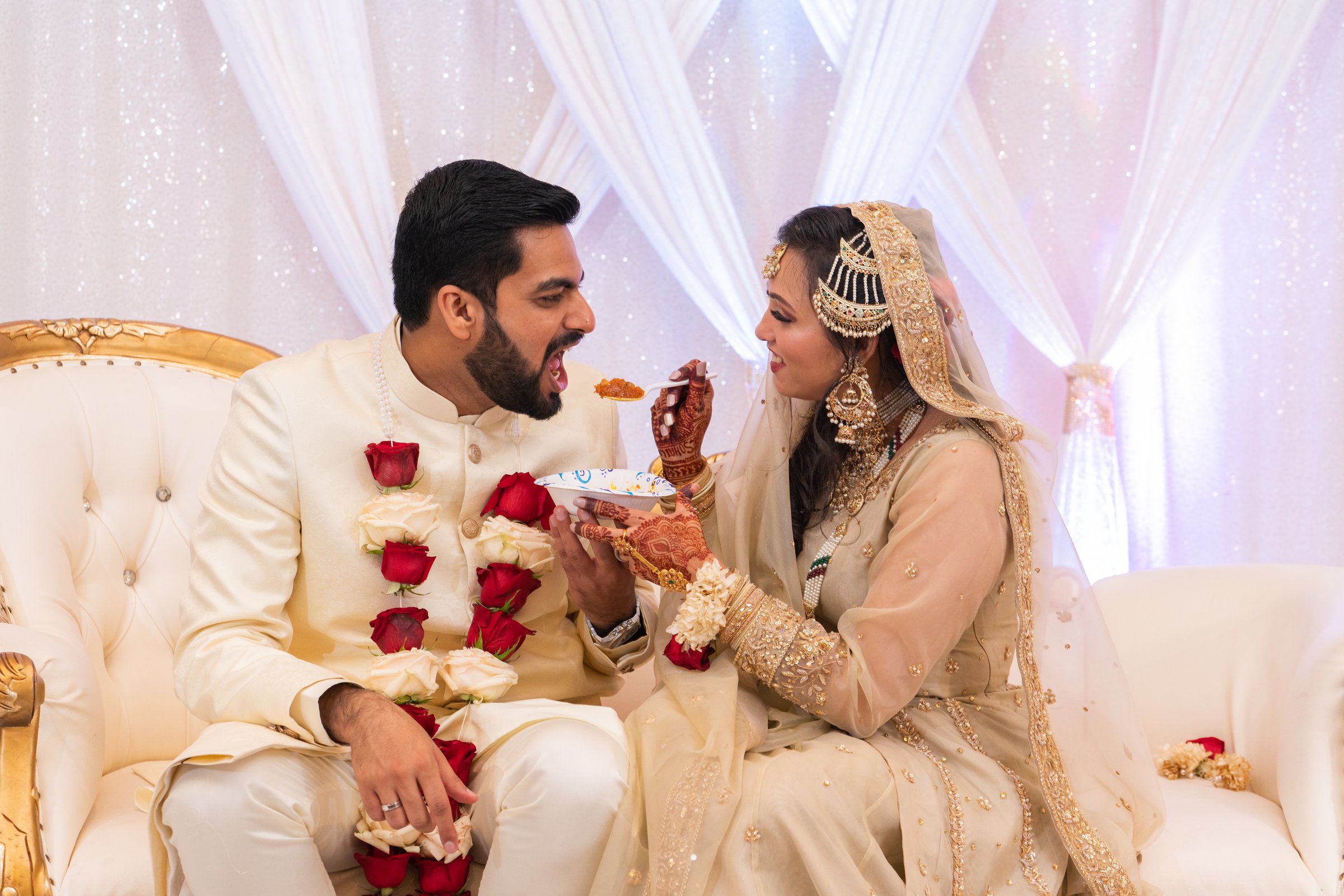 Nausheen and sohail nikkah 2022 feeding sweets on nikkah sofa